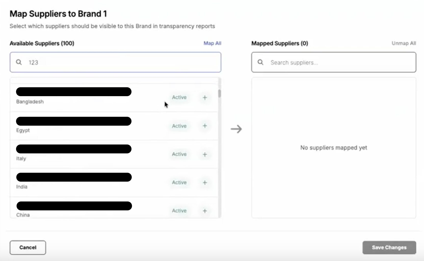 Image of Map Suppliers view, with a list of suppliers available to be mapped.
