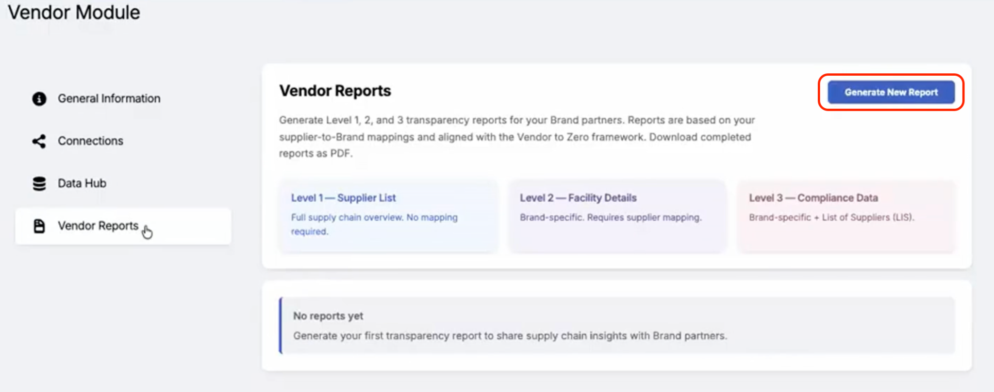 Image of Vendor Reports section, with Generate New Report button highlighted.