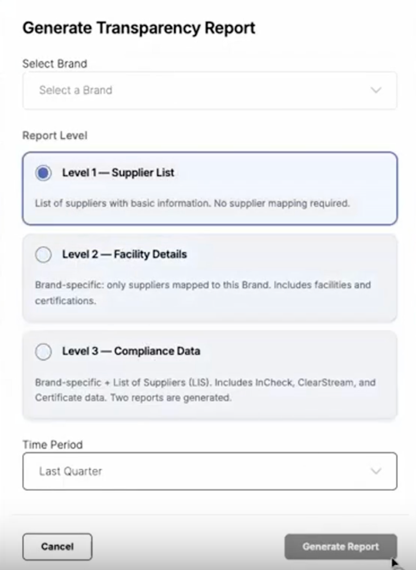 Detail of Generate Transparency Report view, showing the different report levels available.