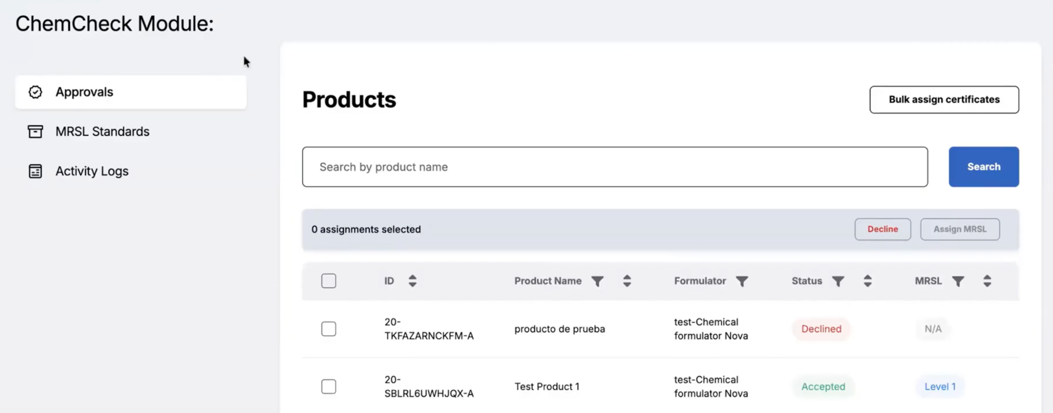 Image of ChemCheck Module with Approvals tab highlighted and Products view open.
