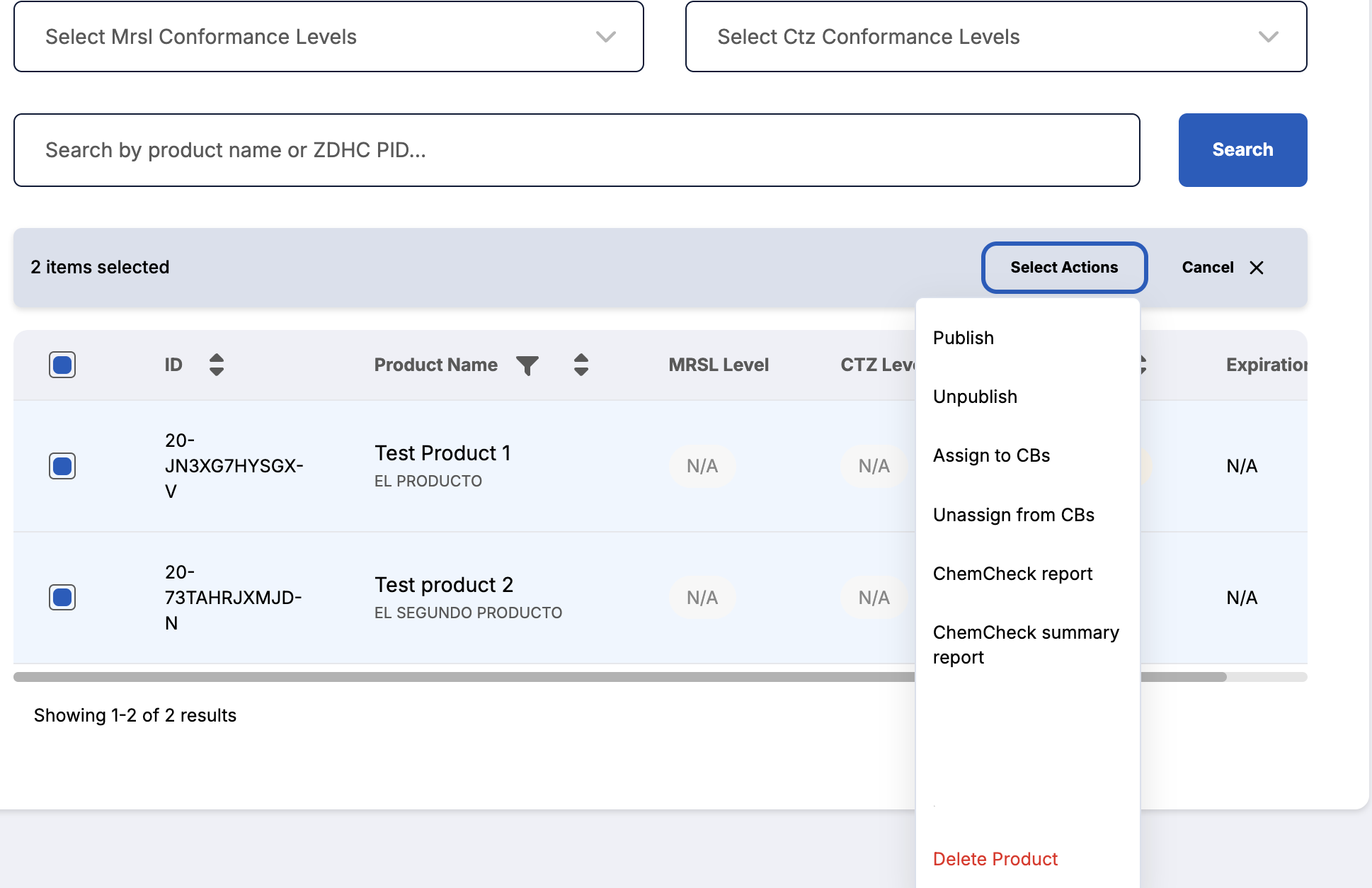 Screenshot of the ChemCheck product portfolio with bulk actions visible.
