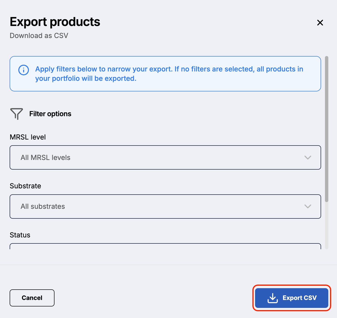 Screenshot of the product portfolio toolbar with the download icon highlighted.