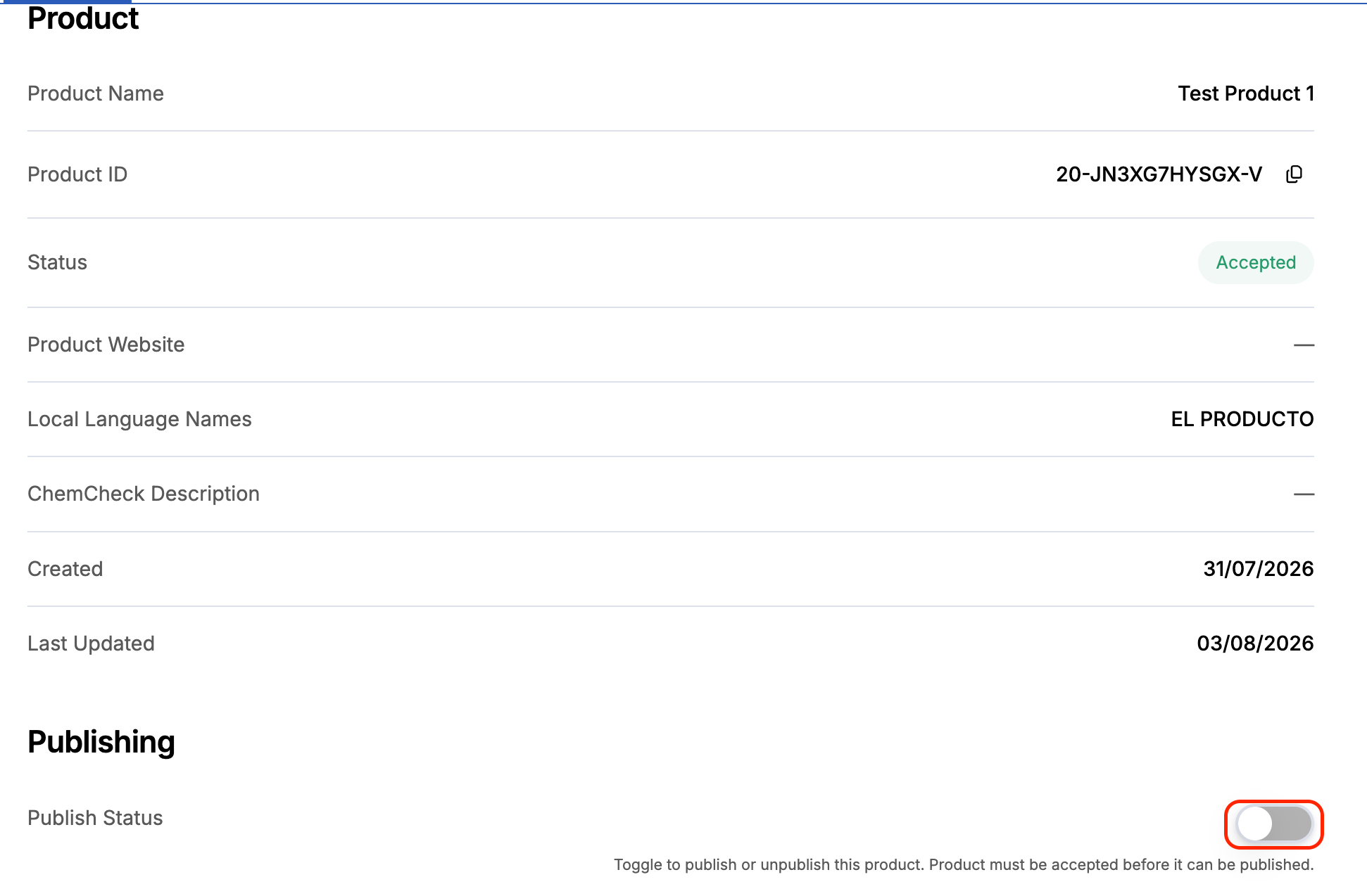 Screenshot of the product page with a Publish toggle at the bottom.