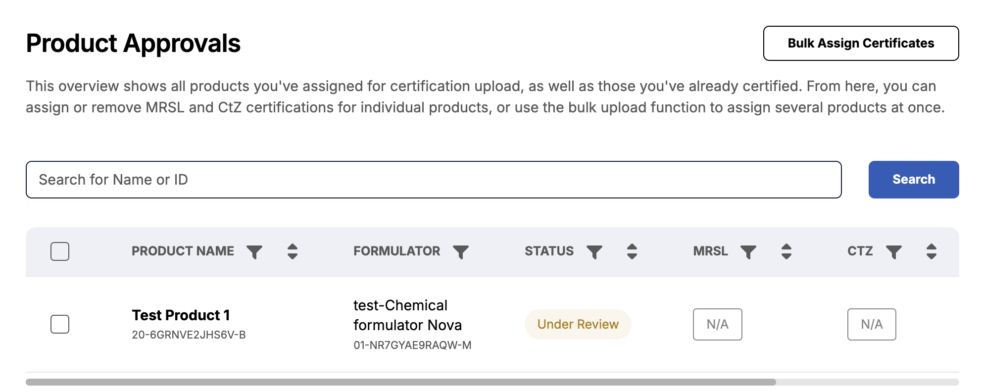 Image of Product Approvals view, showing one product with Under Review status.