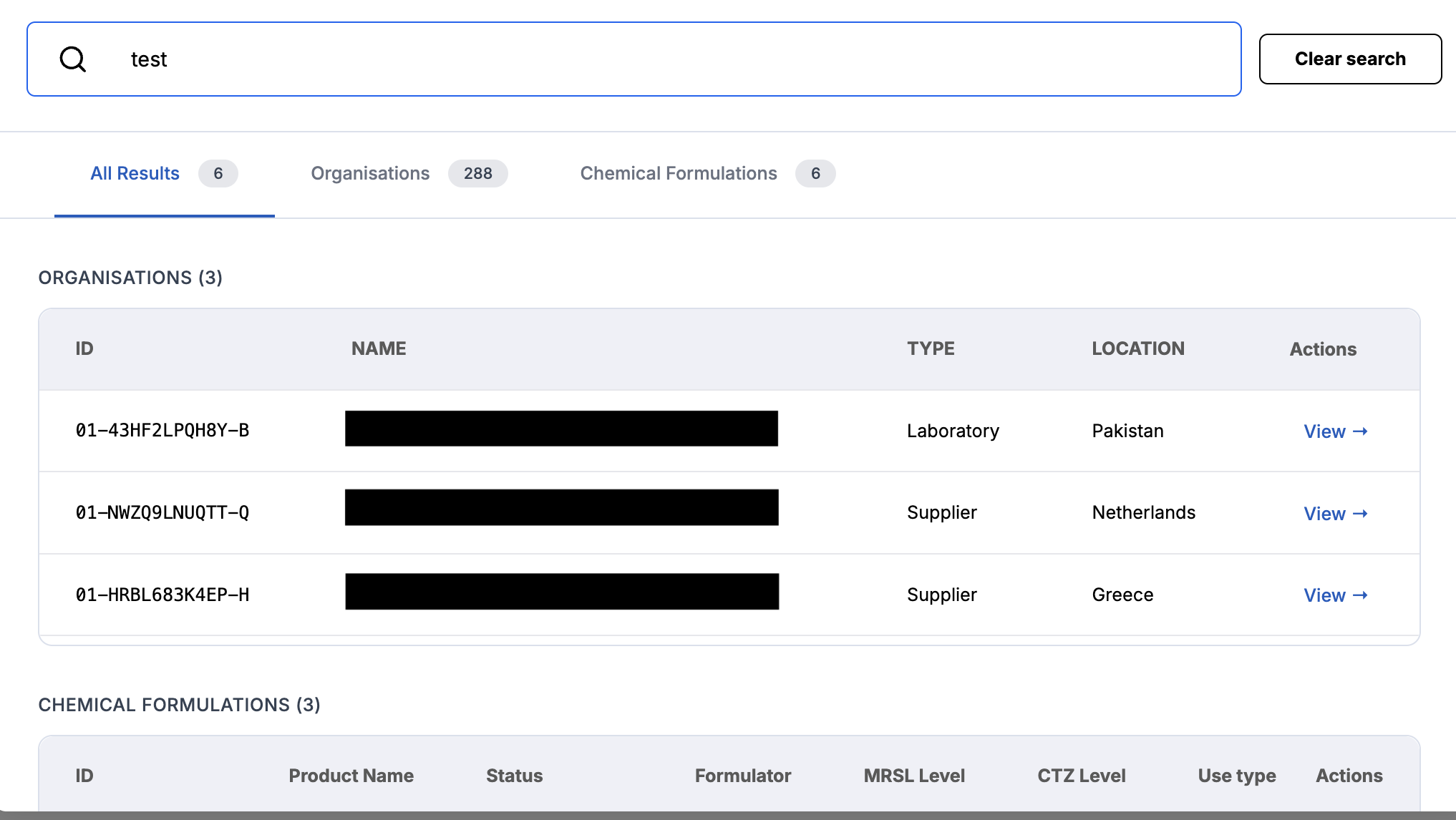 Image of search bar with active search, showing a list of organisations.