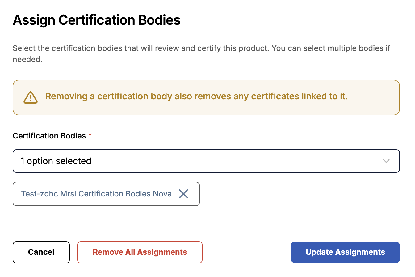 Image of Certification Bodies field and one certification body selected.