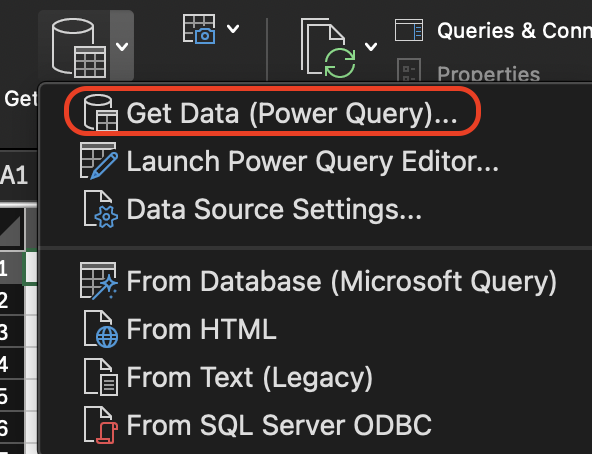 Image of Get Data (Power Query) option highlighted.