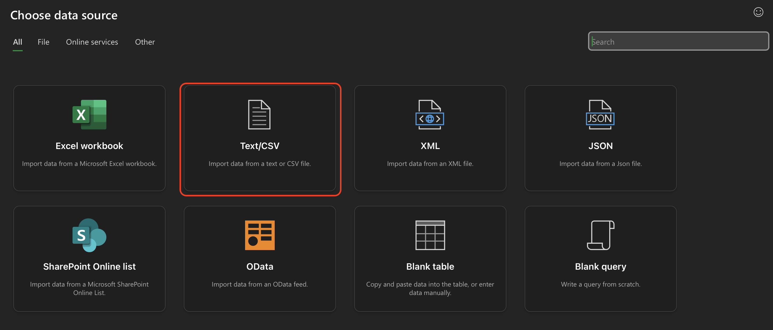 Image of Choose data source view, with Text/CSV option highlighted.