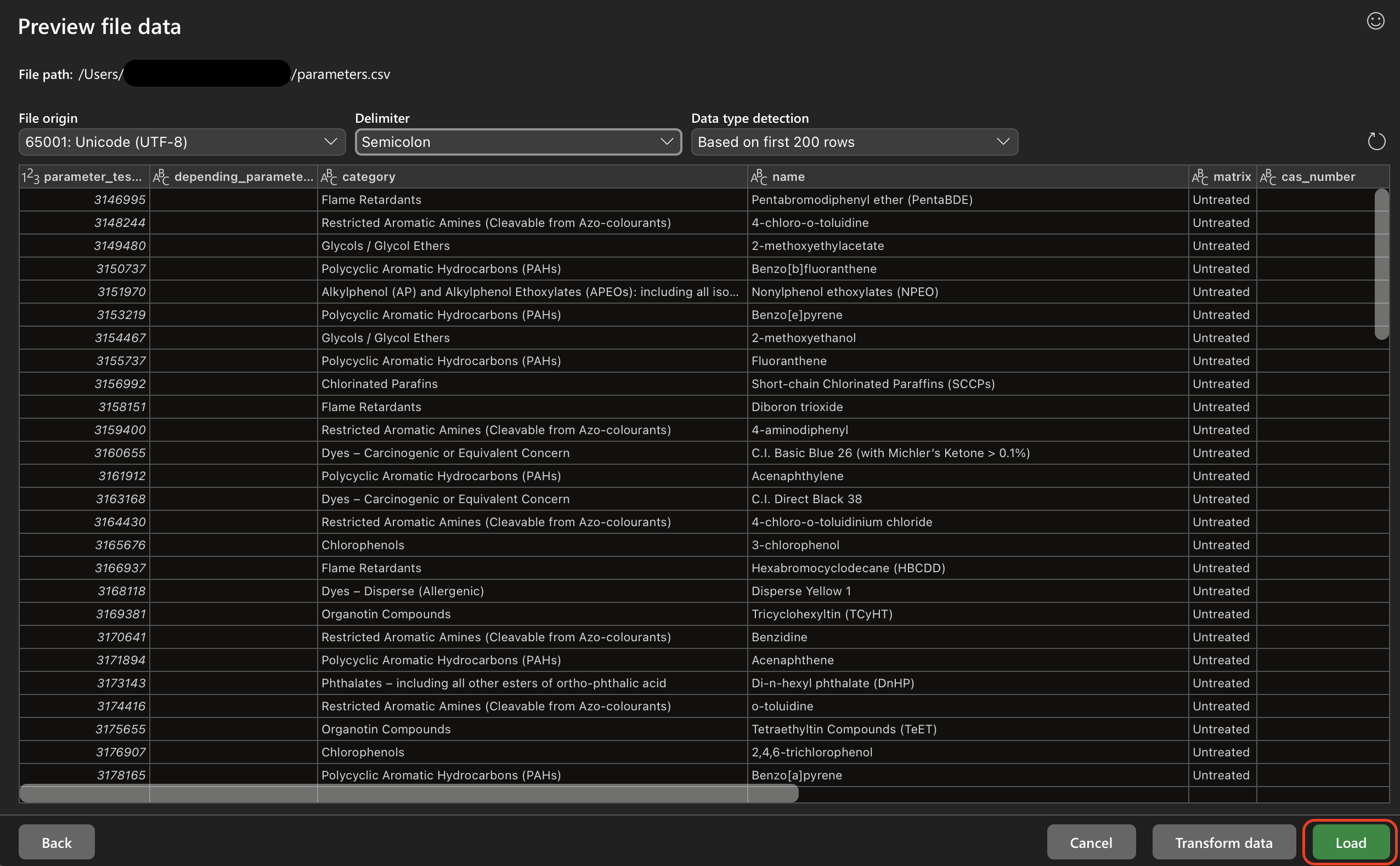 Image of Preview file data view, with Load button highlighted.