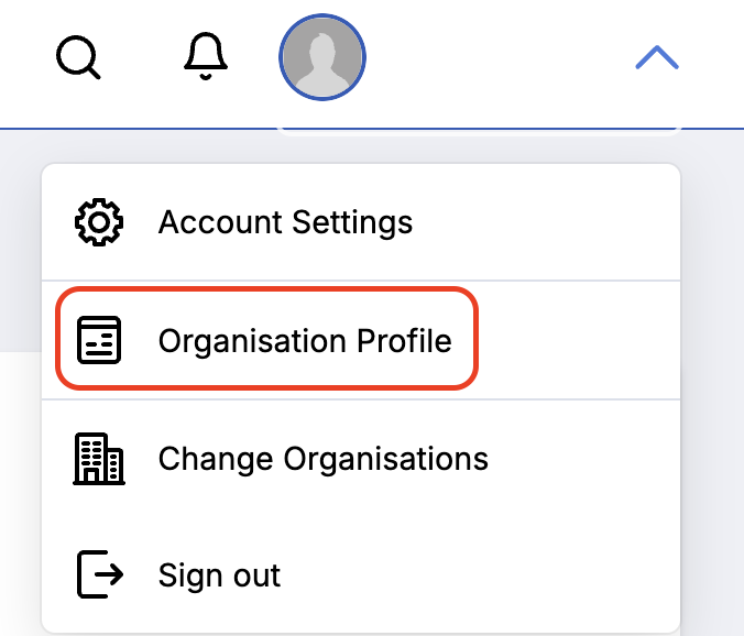 Image of the dropdown menu showing Organisation Profile highlighted.