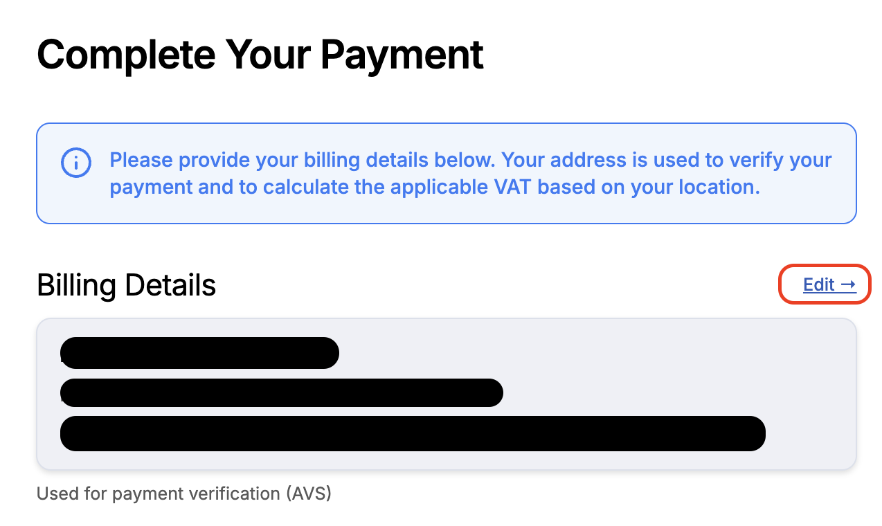 Image of Complete Your Payment view, with Billing Details and Edit button highlighted.
