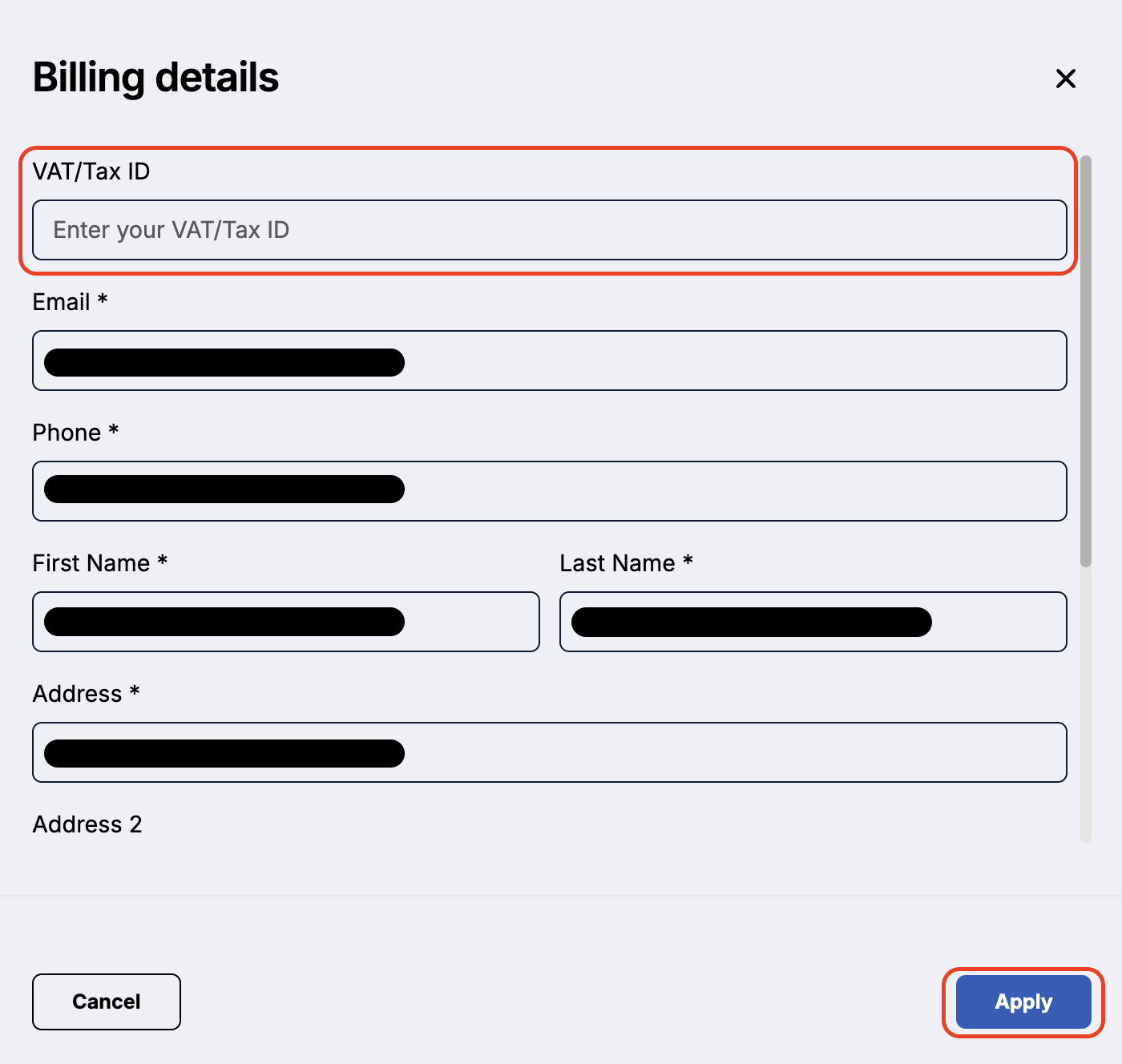 View of Billing Details with VAT/Tax ID field highlighted.