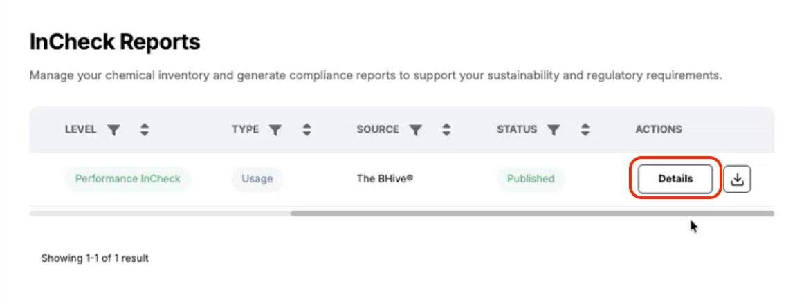 Image of InCheck Reports view, showing one row with the Details button highlighted.