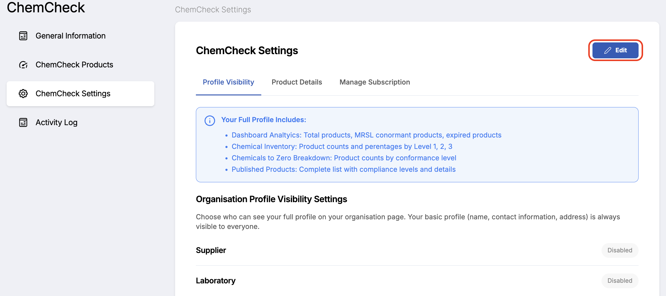 Image of ChemCheck Settings view.