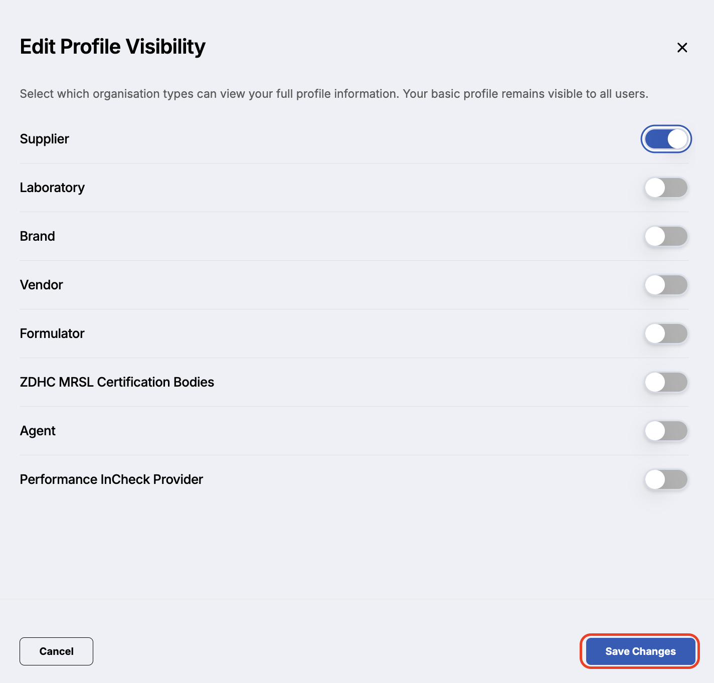 Image of Edit Profile Visibility view and active Supplier toggle.