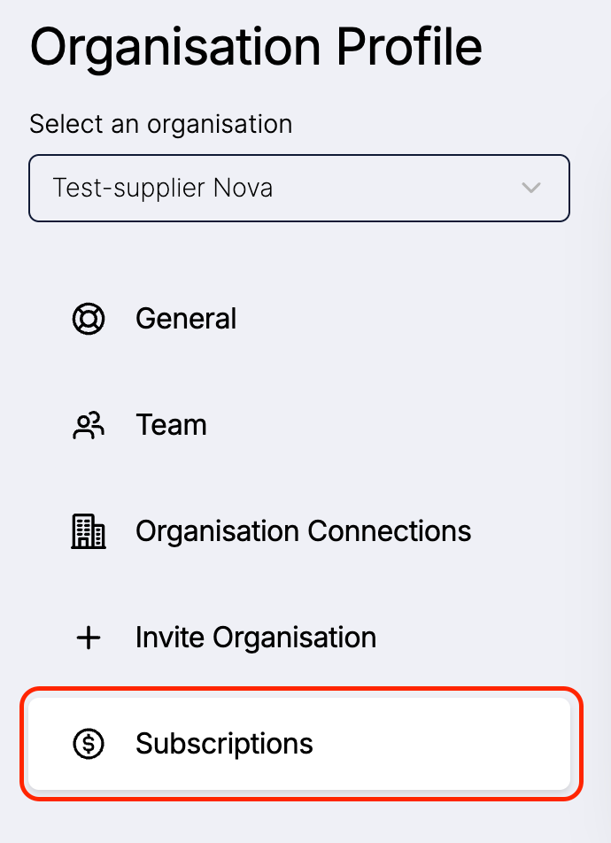 Image of Organisation Profile view with Subscriptions tab highlighted.