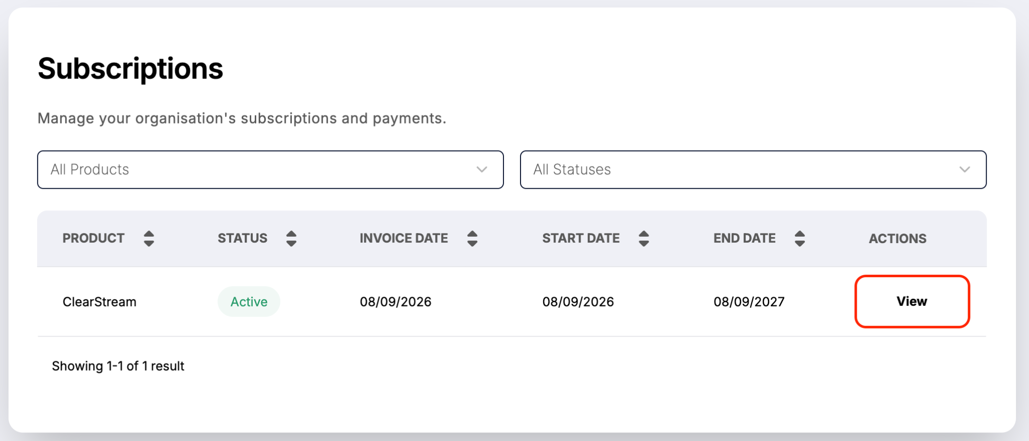 Image of Subscriptions view, showing one active subscription.