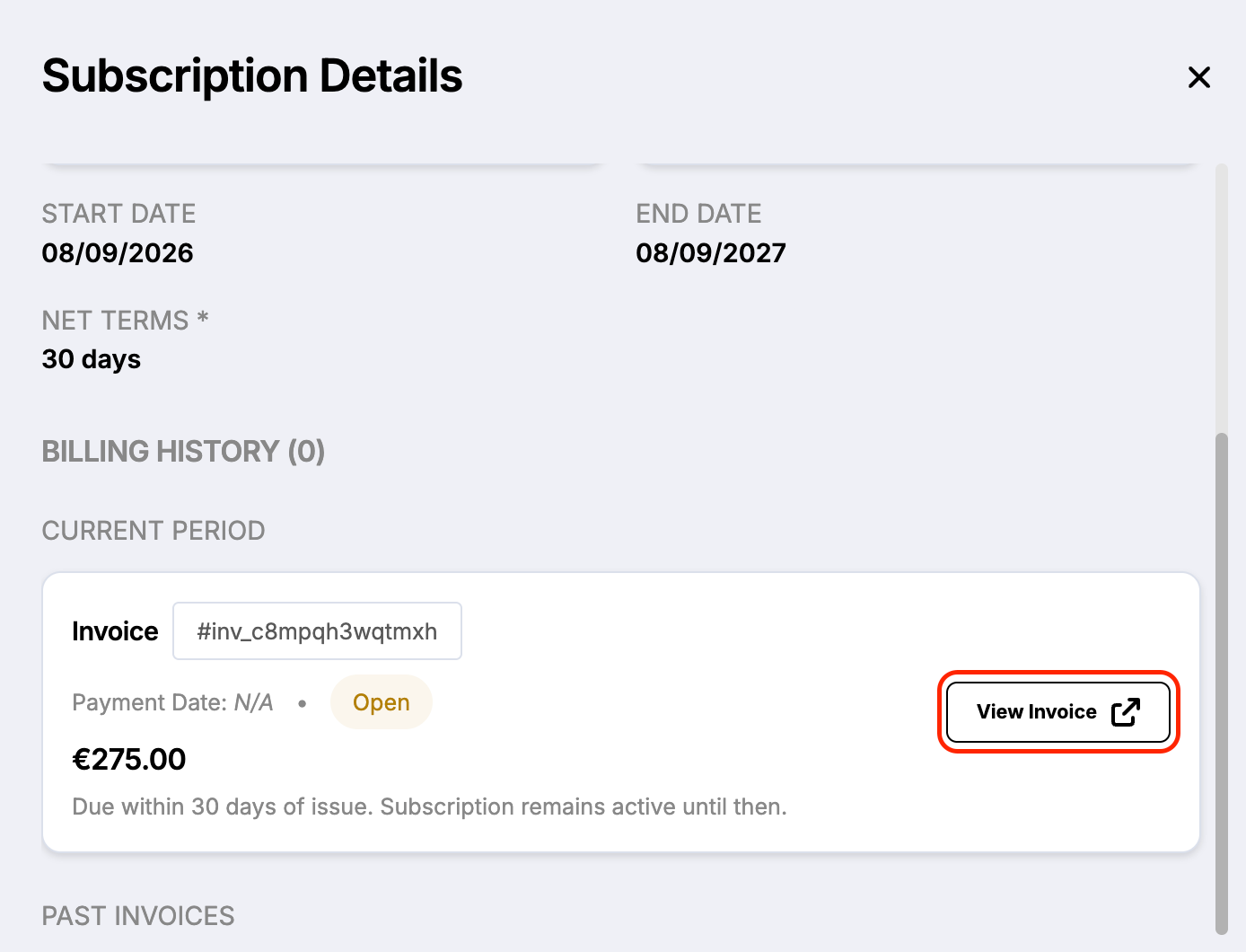 Image of Subscription Details with the View Invoice button highlighted.