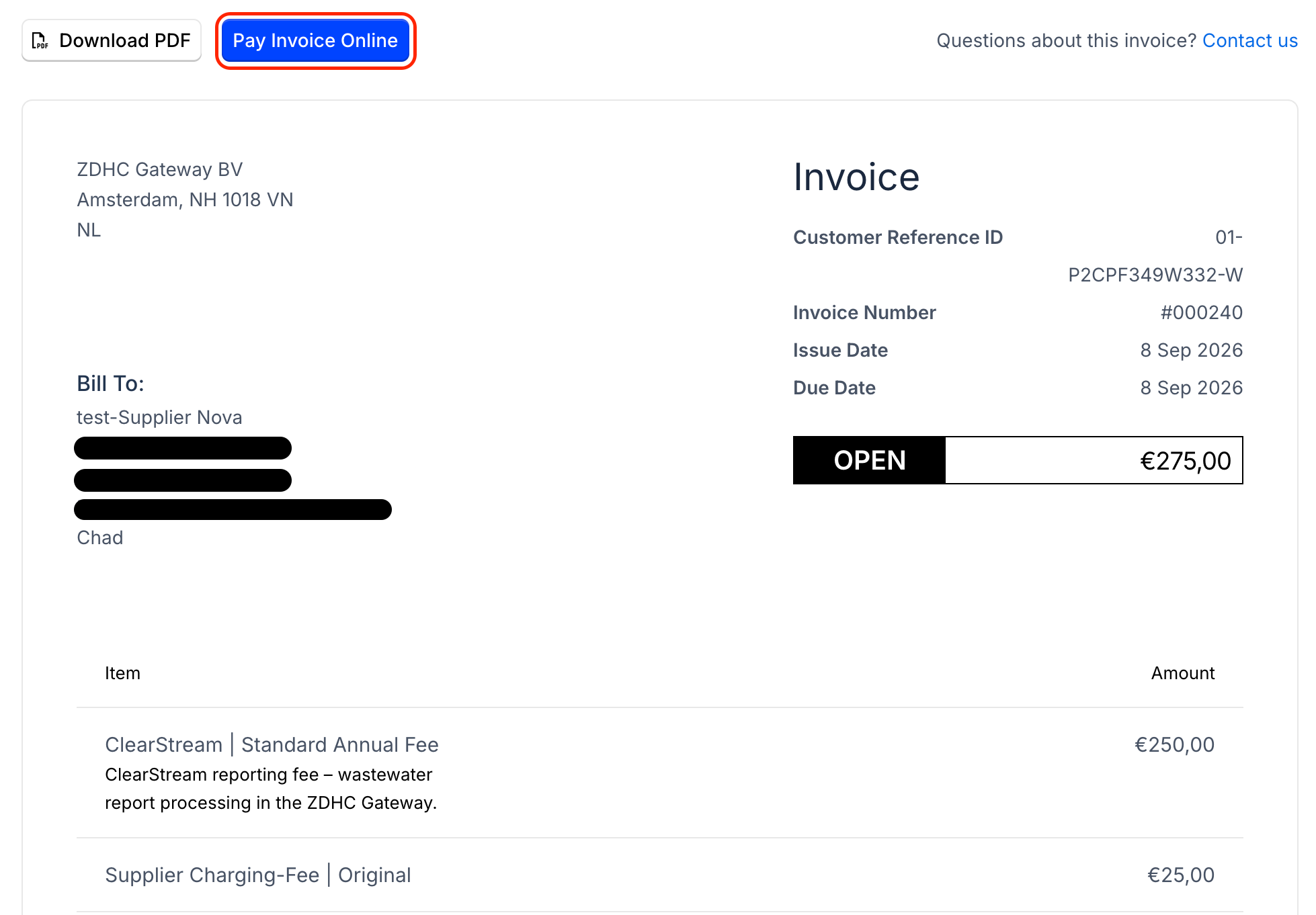 Image of MaxioPay page with Pay Invoice Online button highlighted.