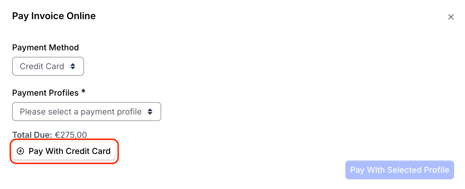 Image of Pay Invoice Online view, showing the option to pay with Credit Card.