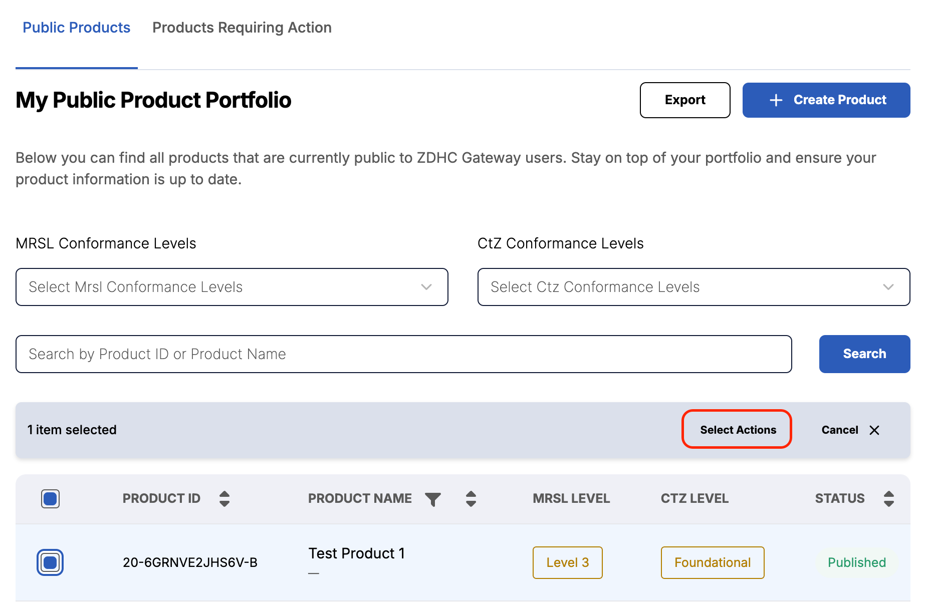 Image of Product Portfolio view, with a selected product.