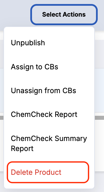 Image of the Select Actions options, and Delete Product highlighted.