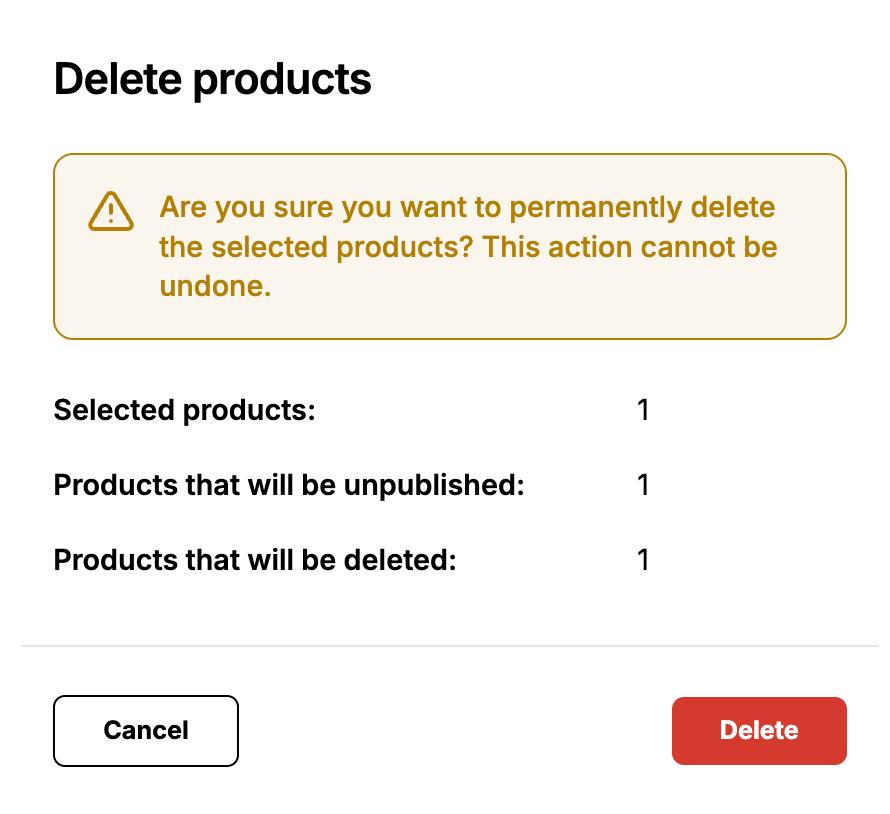 Image of the Delete products confirmation window.