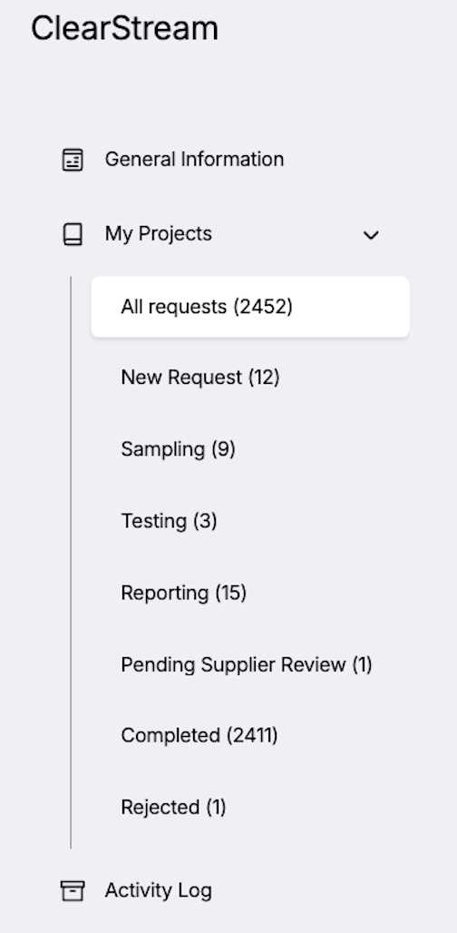 Image of the My Projects menu, with All Requests highlighted, and the number of requests showing next to each category.