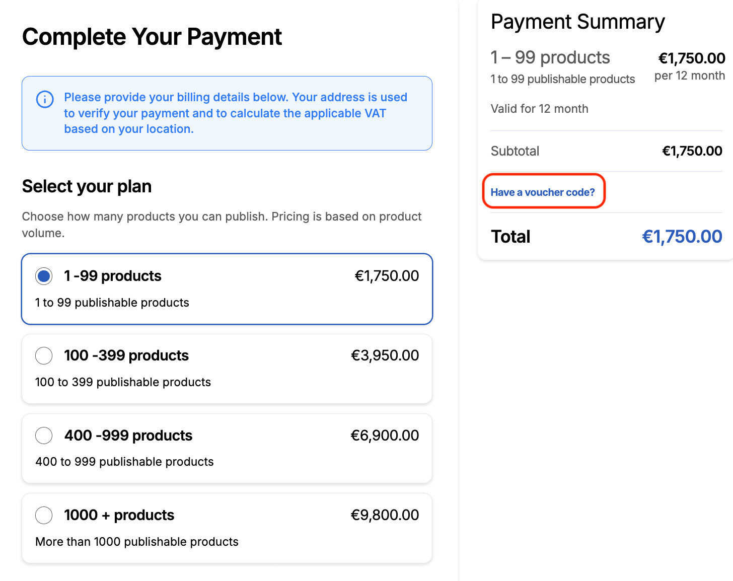 Image of the Complete Your Payment view, showing different plans available. Payment Summary with voucher option highlighted.