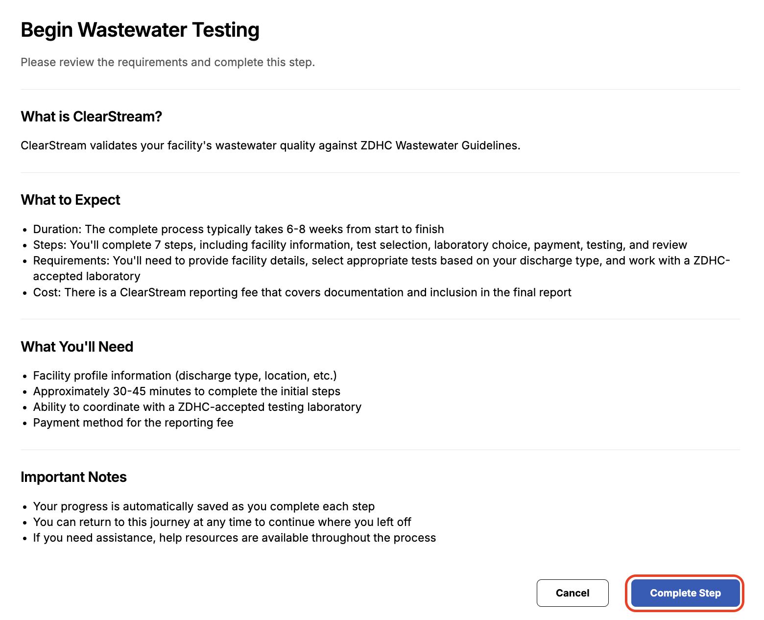 Image of Begin Wastewater Testing step, and the Complete Step button highlighted.
