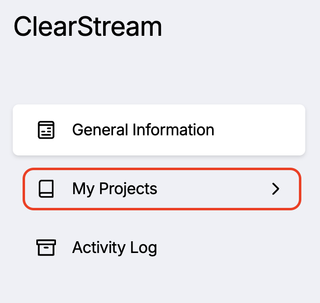 Image of ClearStream menu, with My Projects tab highlighted.