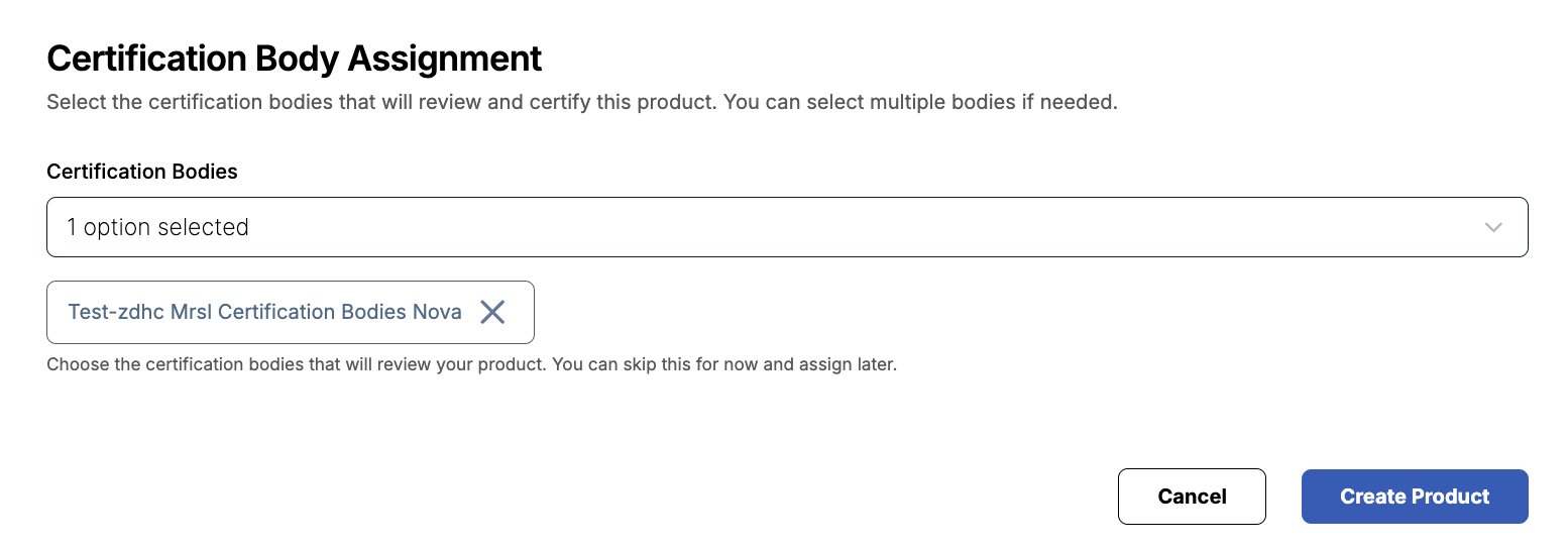 Image of Certification Body Assignment section, showing one certification body assigned.