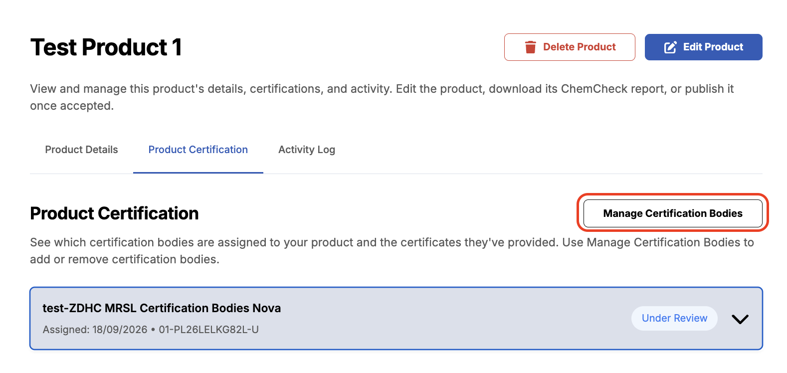 Image of a product, with Product Certification tab selected. Manage Certification Bodies button highlighted.