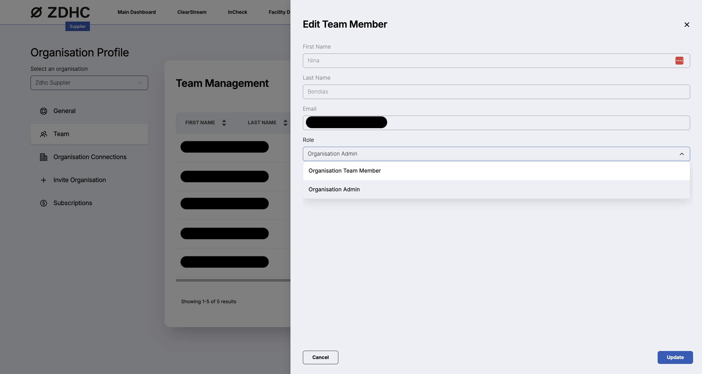 Image of Edit Team Member view and Role options.