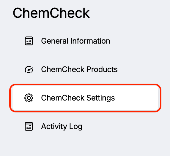 Image of ChemCheck menu, with ChemCheck Settings highlighted.