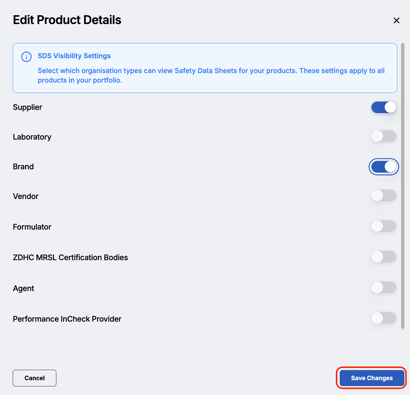 Image of SDS Visibility Settings, two toggles active.