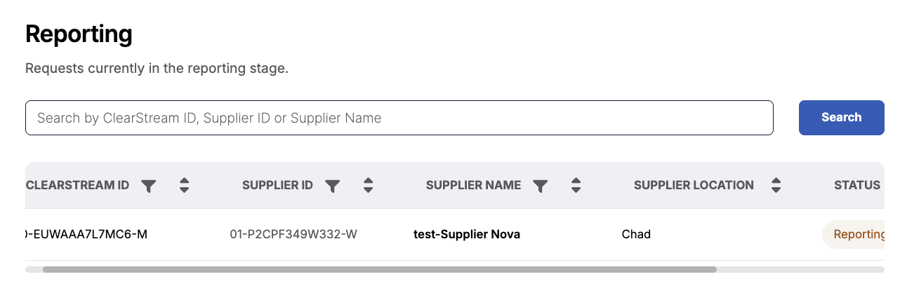 Image of Reporting view, showing one ClearStream cycle in Reporting status.