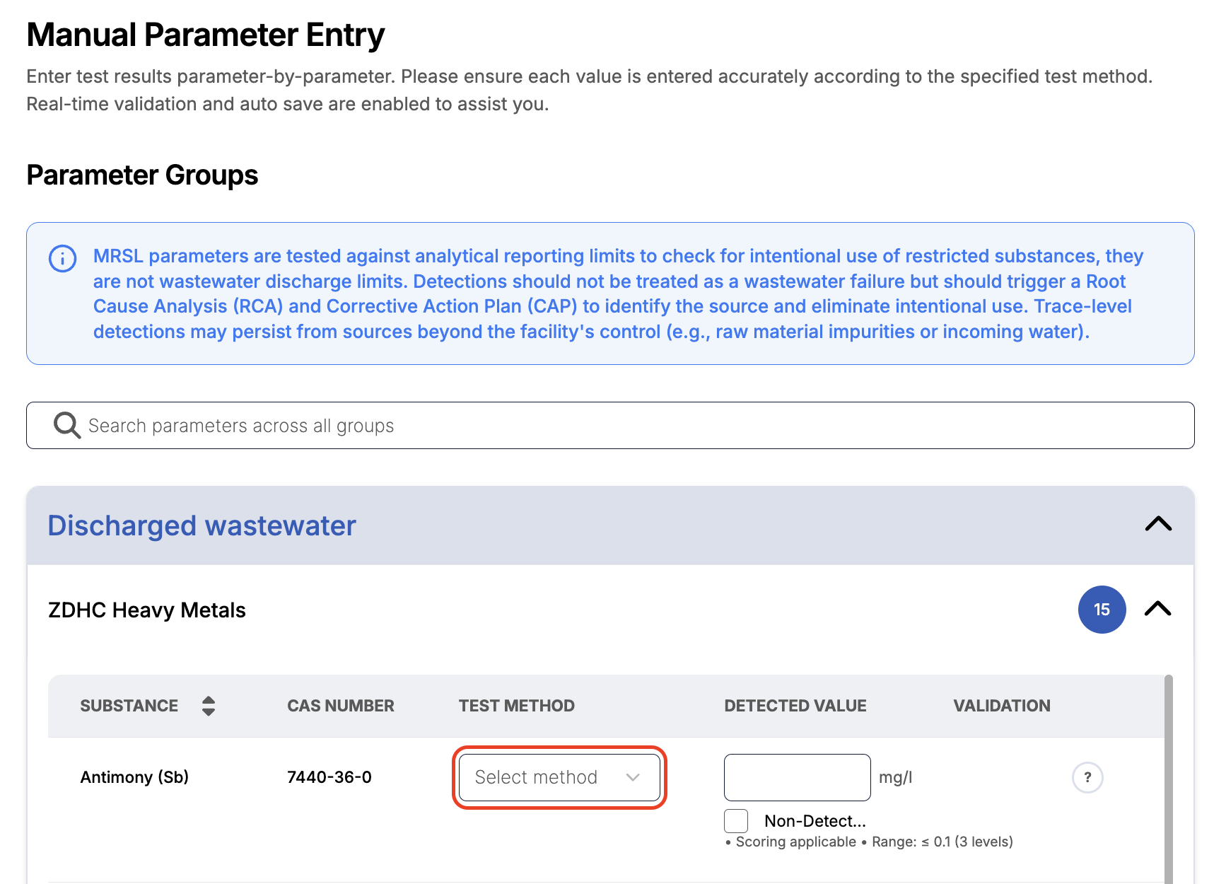 Image of Manual Parameter Entry and Test Method dropdown highlighted.