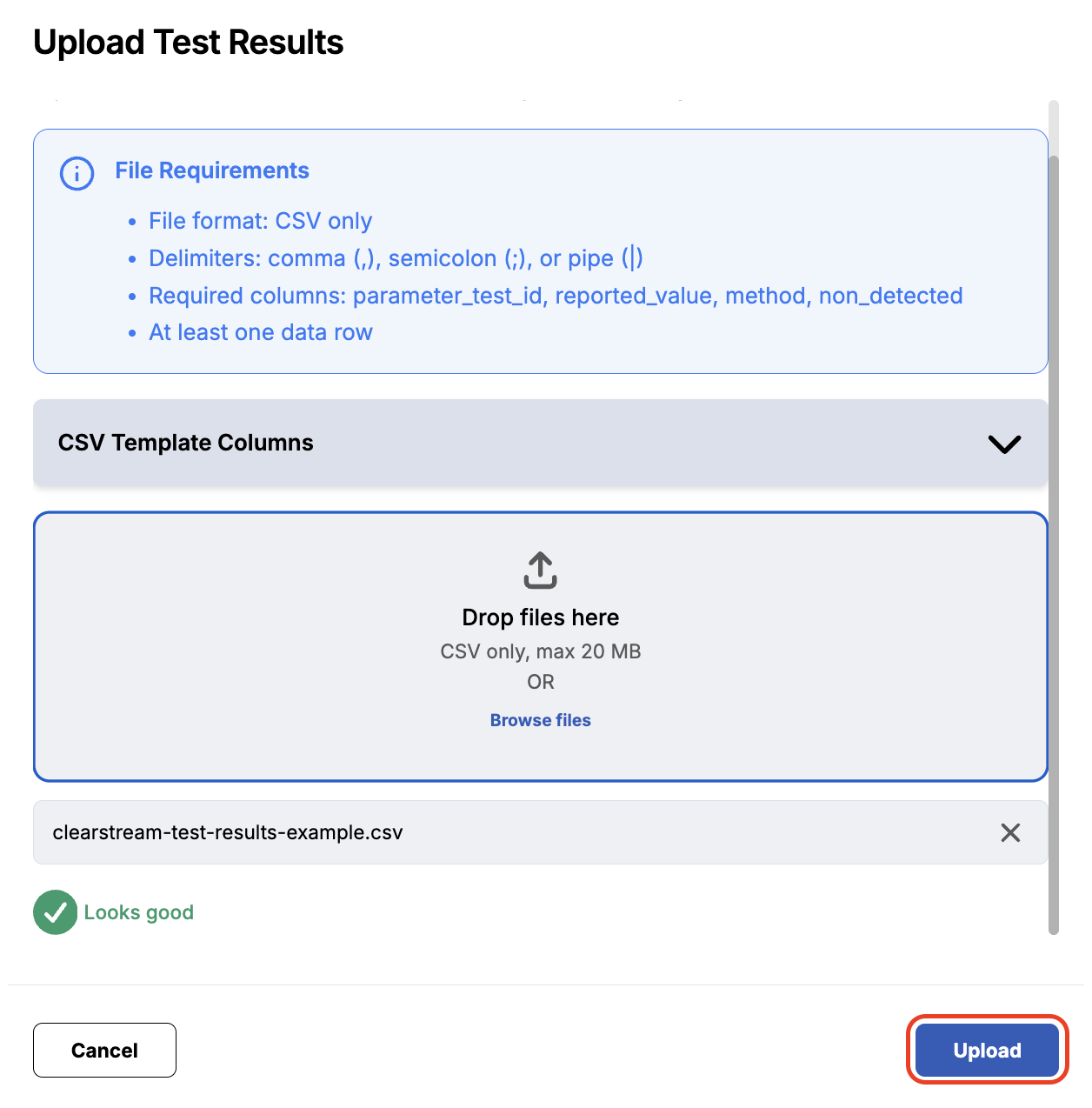 Image of Upload Test Results view.