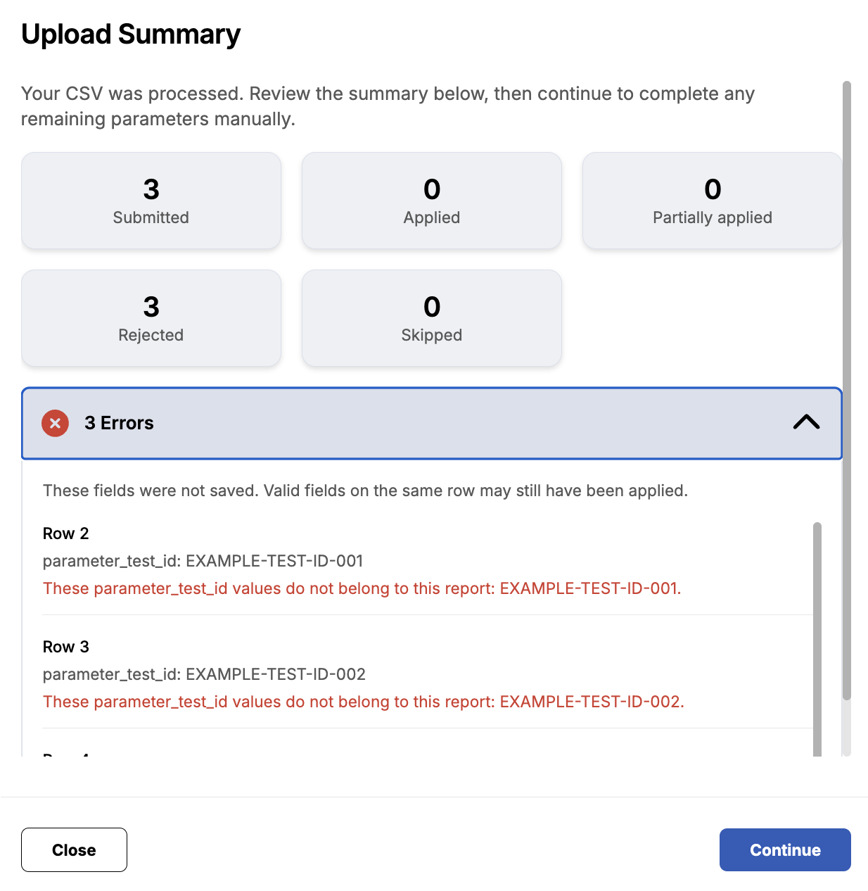 Image of Upload Summary, showing three errors.