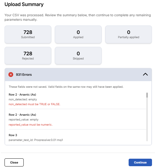 Image of Upload Summary view, showing the different statuses and errors found.