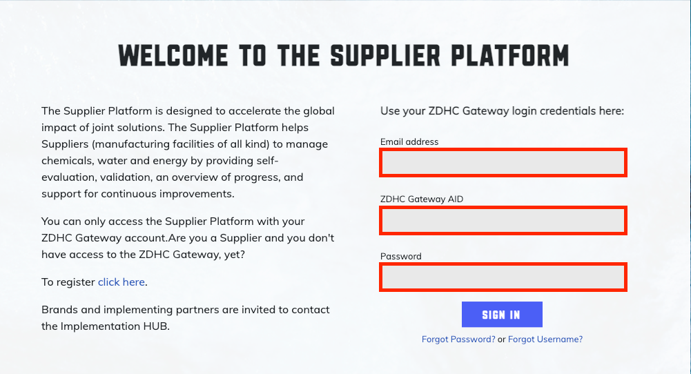 Login screen for the Supplier Platform showing input fields for Email address, ZDHC Gateway AID, and Password, with a blue Sign In button below