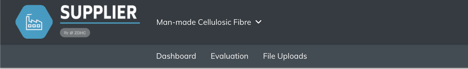 Screenshot of Man-made Cellulosic Fibre section showing navigation menu with Dashboard, Evaluation, and File Uploads tabs