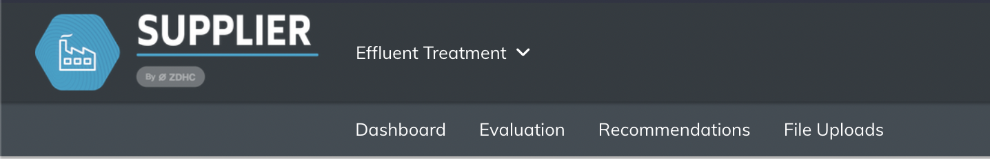 Screenshot of Effluent Treatment section showing navigation menu with Dashboard, Evaluation, Recommendations, and File Uploads tabs