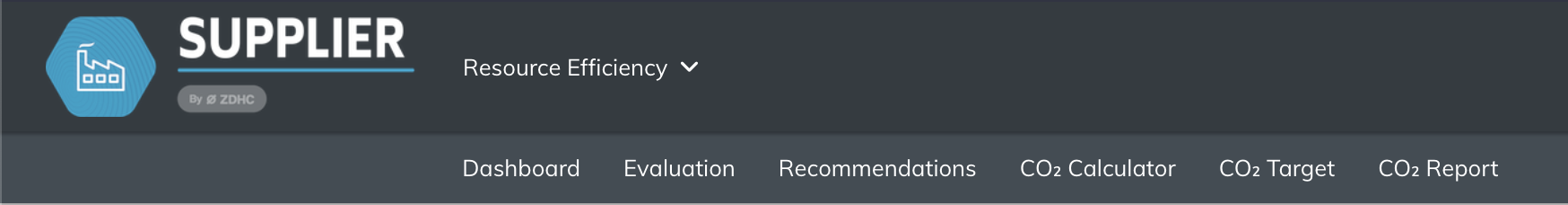 Screenshot of Resource Efficiency section showing navigation menu with Dashboard, Evaluation, Recommendations, CO₂ Calculator, CO₂ Target, and CO₂ Report tabs