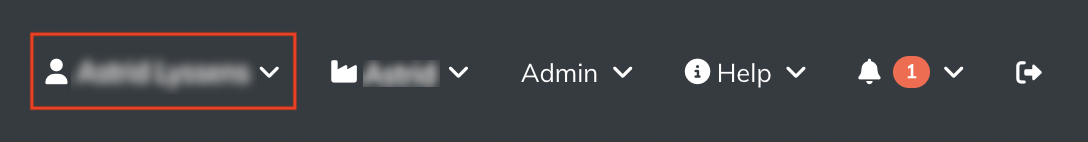 Screenshot showing the top navigation bar with user profile menu in the upper-right corner, alongside Admin, Help, and notification icons