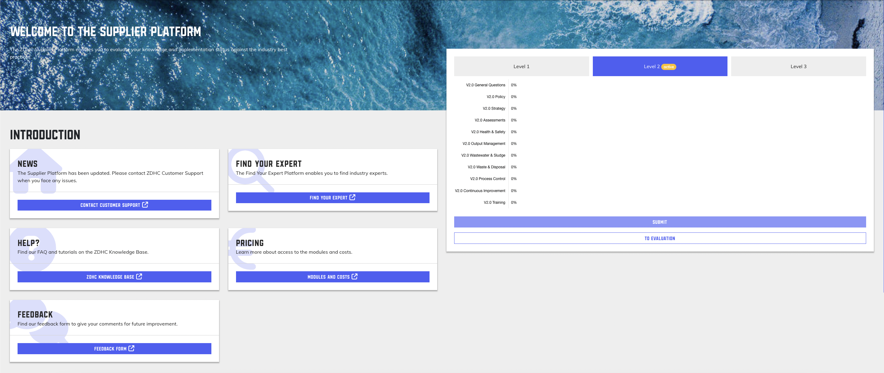 Supplier Platform dashboard showing module progress bars at 0%, level selection tabs, and quick access sections for news, expert finder, help, pricing, and feedback