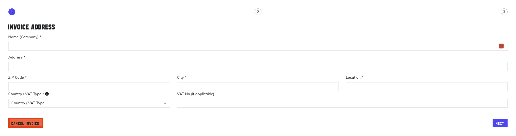 Invoice form showing company information fields and Cancel Invoice button