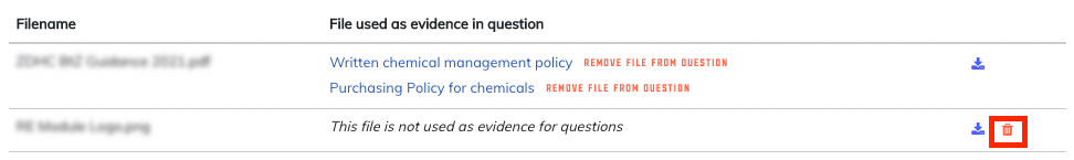 File list table showing files with usage status and delete icons