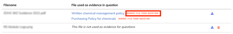 File uploads overview showing 'REMOVE FILE FROM QUESTION' button next to linked questions